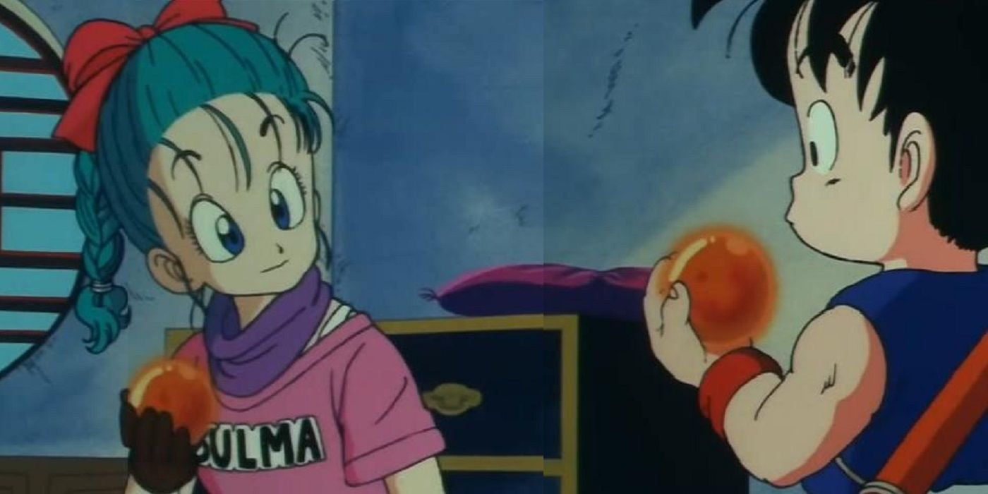 Teen Bulma and kid Goku looking at each other