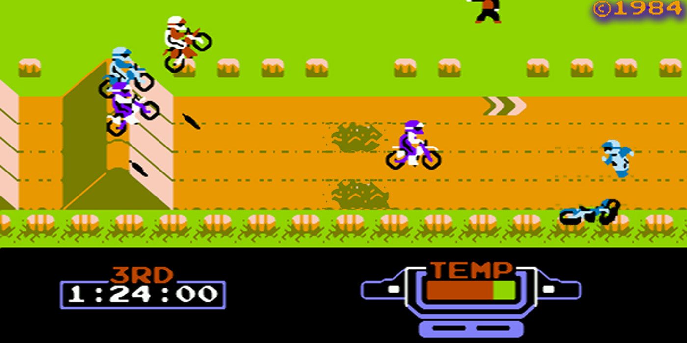 Excitebike racers jump over a ramp in the NES classic.