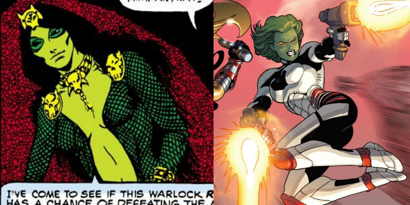 A split image features the original design for Gamora from Marvel comics next to a more modern one