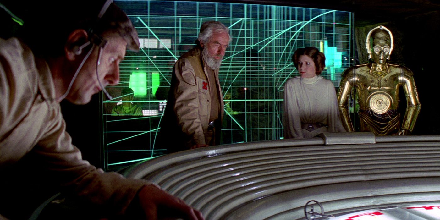 Star Wars: General Dodonna, Princess Leia, and C-3PO monitor the attack on the Death Star in A New Hope