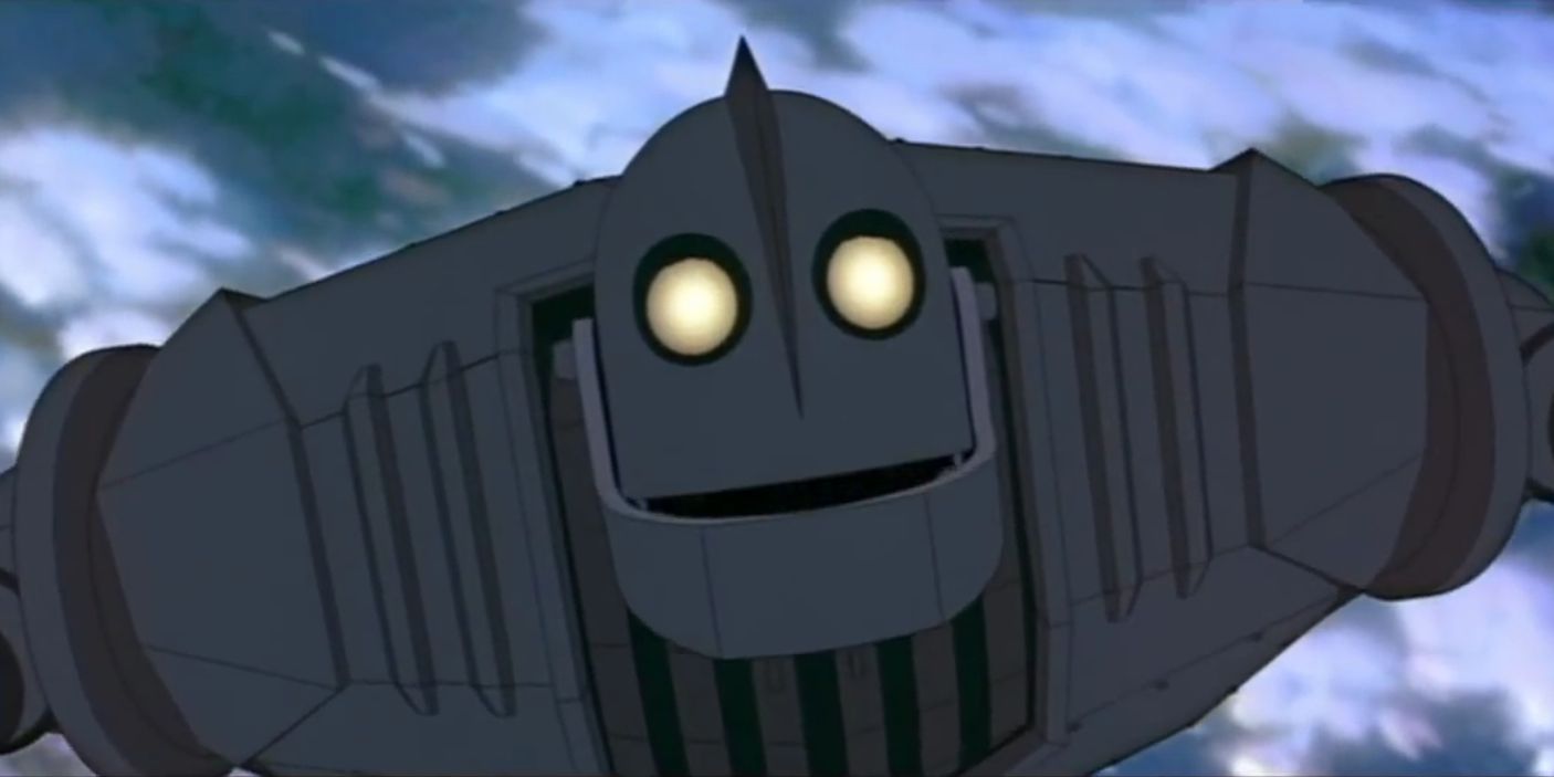 The Iron Giant smiling and flying