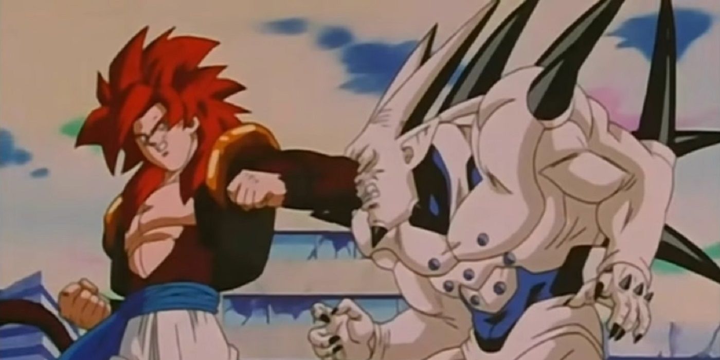 Gogeta elbows Omega Shenron in the face in Dragon Ball GT