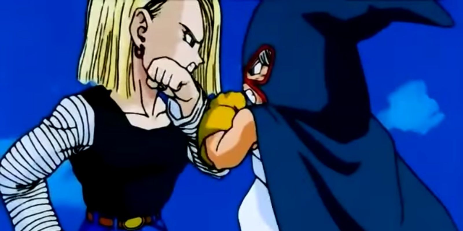 Goten and Trunks as Mighty Mask fight Android 18 at the World Martial Arts Tournament in Dragon Ball Z