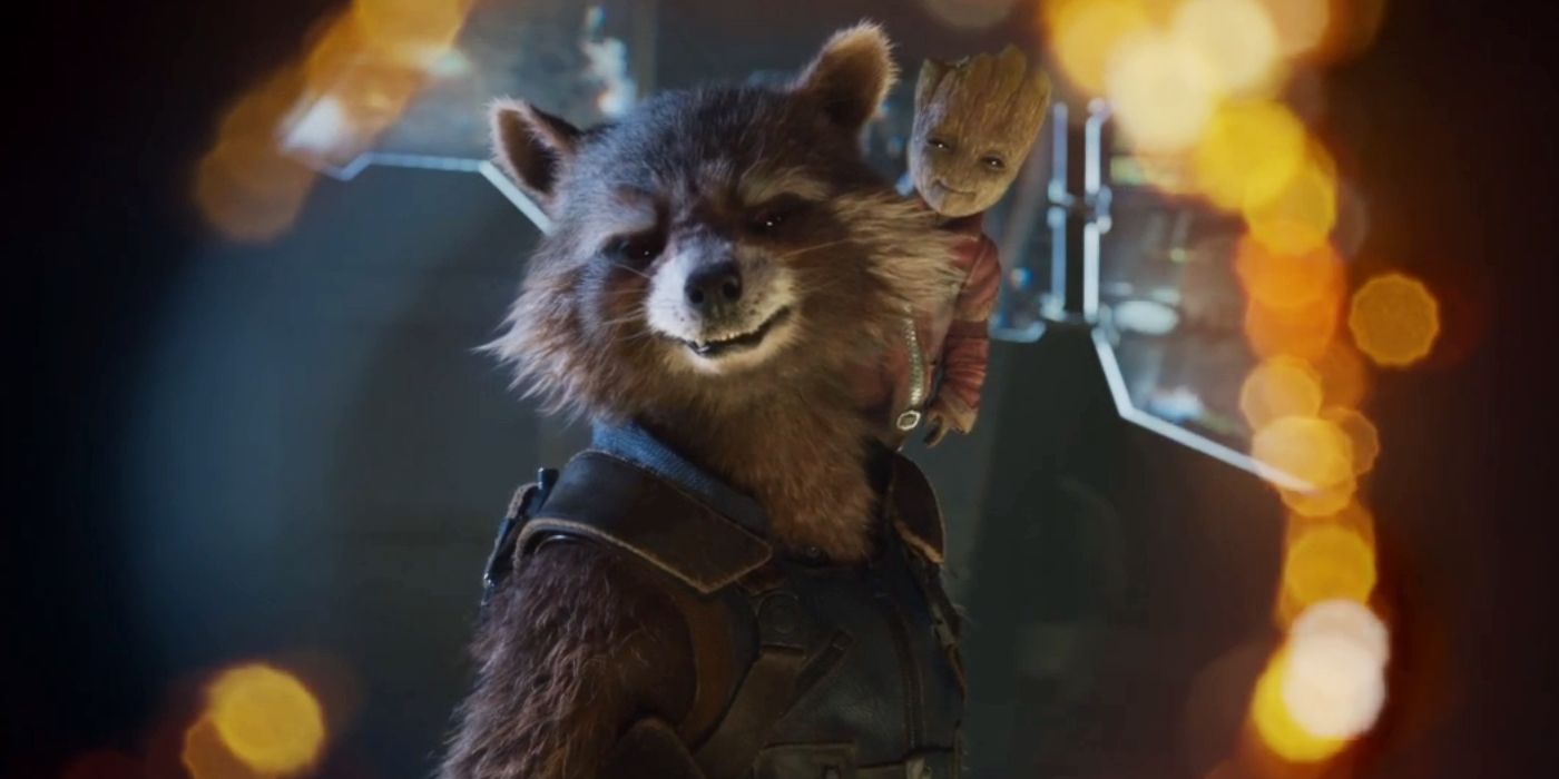 Baby Groot stands on Rocket's shoulder in Guardians of the Galaxy 2.