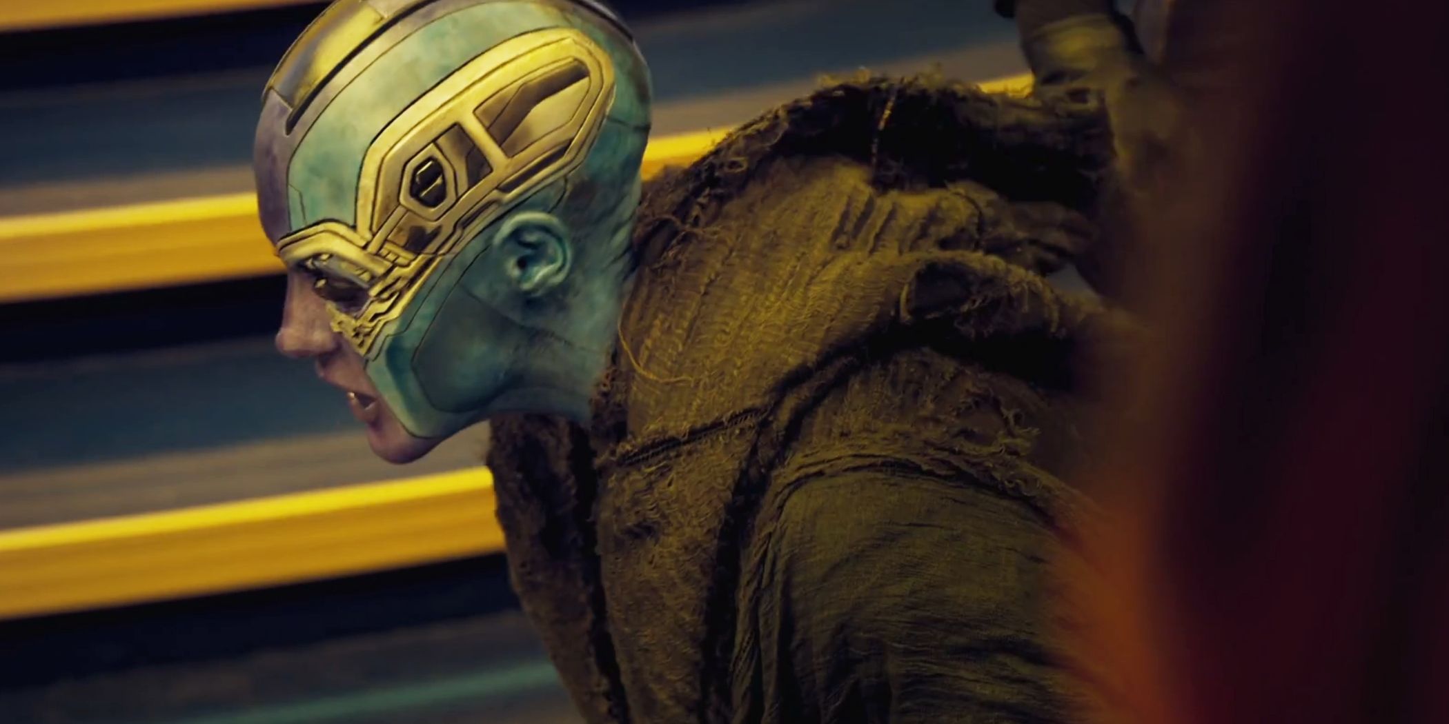 A look at Nebula from the side with her metal implants on her skull in Guardians of the Galaxy