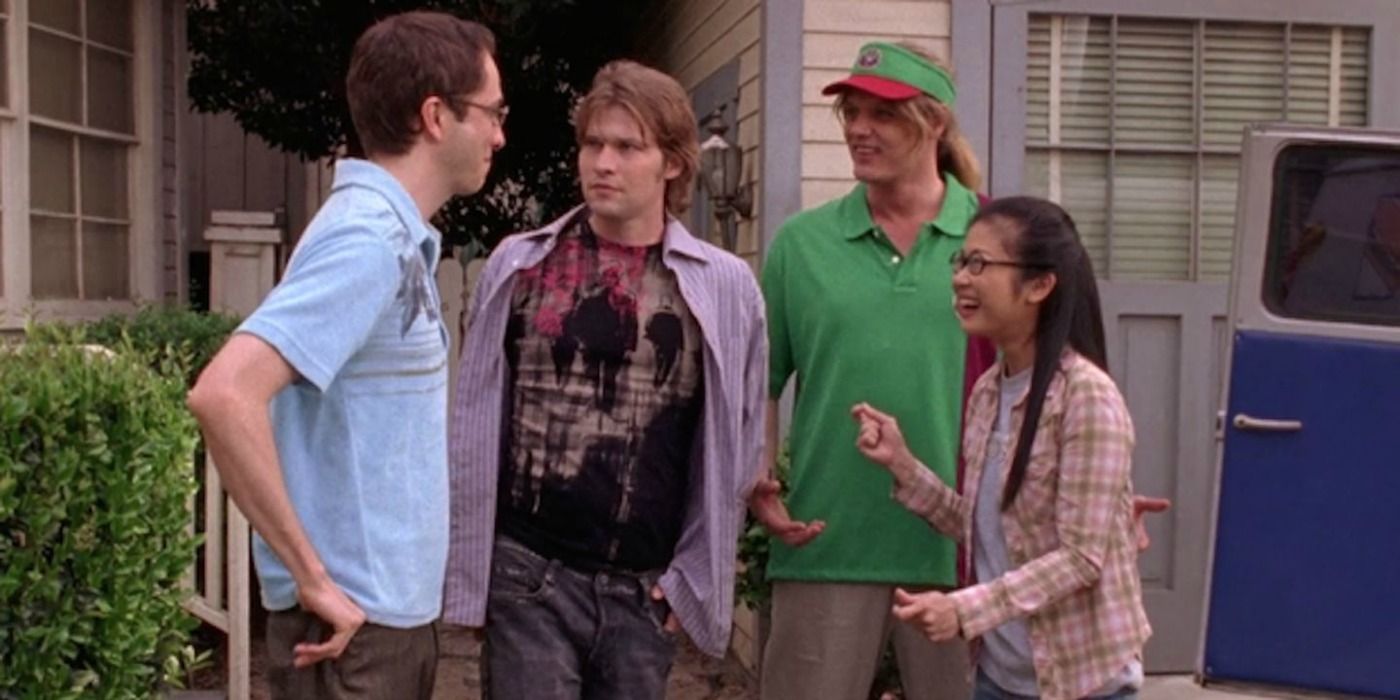 Brian, Zack, Gil, and Lane smiling outside on Gilmore Girls