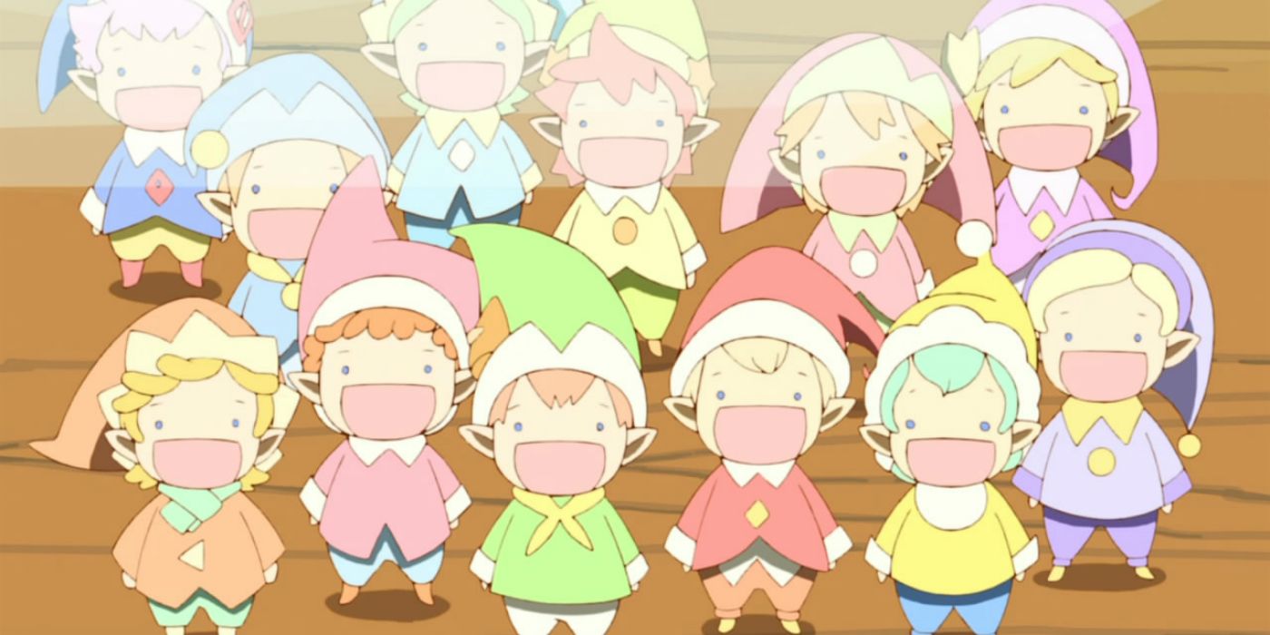 Tiny characters smiling in the anime Humanity Has Declined.