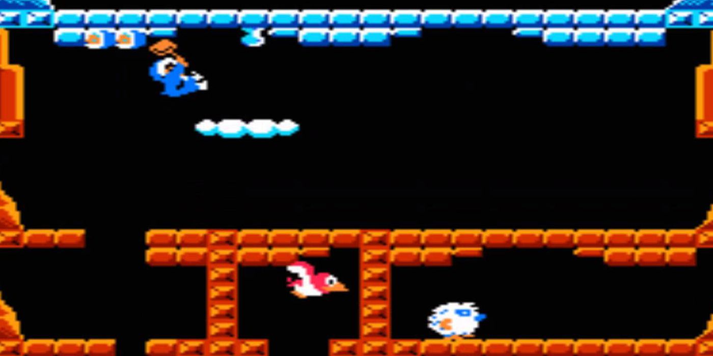 A screenshot from the NES game Ice Climber