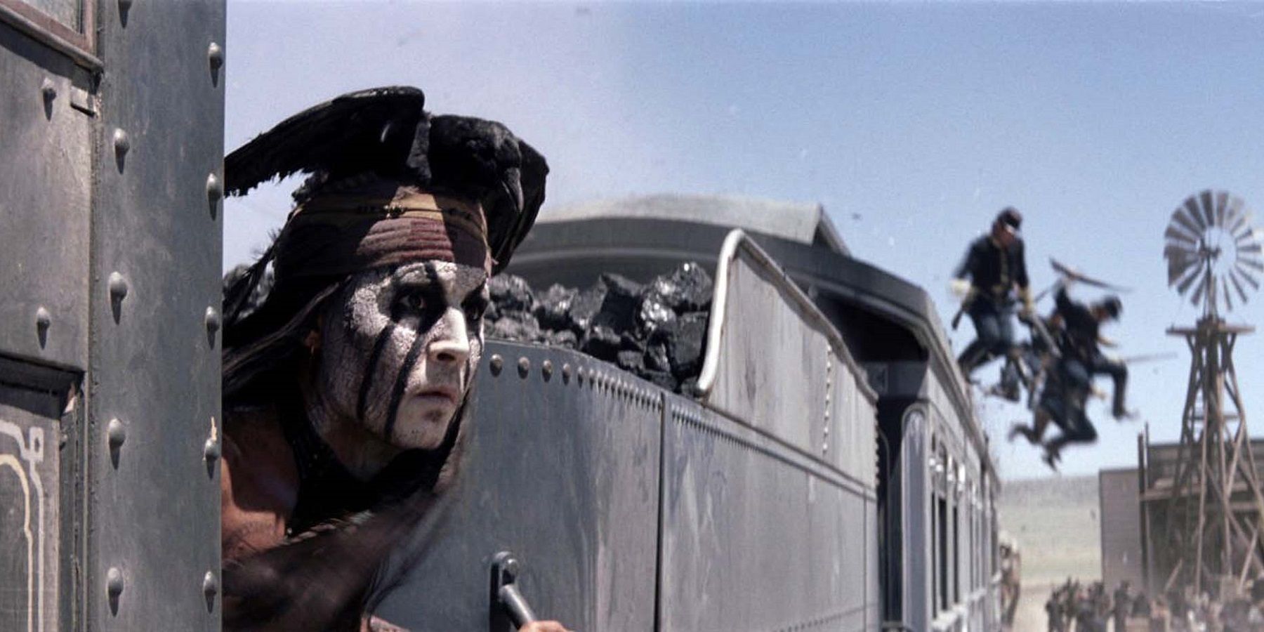 Johnny Depp in the train scene from Lone Ranger