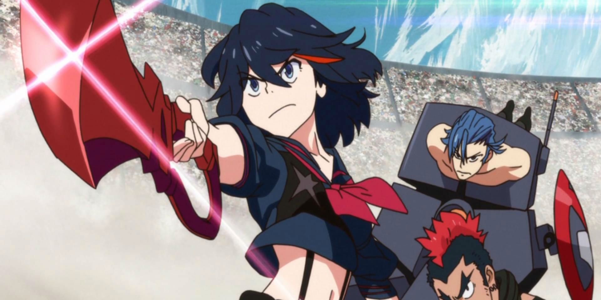 Kill La Kill screen cap featuring Ryuko holding her scissor blade up in a crowded arena space.