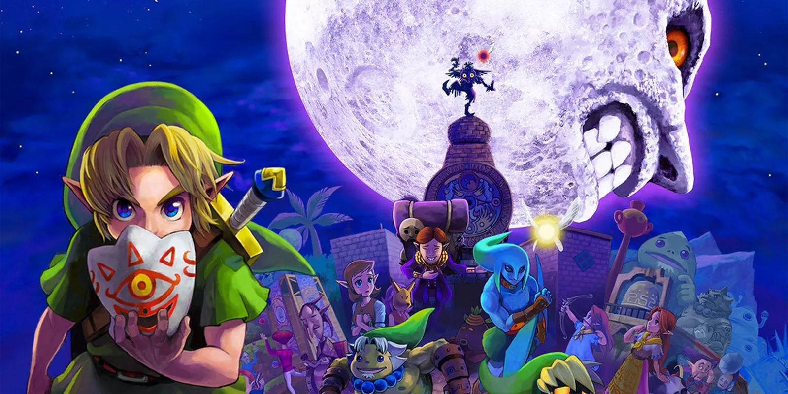 Key art for The Legend of Zelda: Majora's Mask showing Link and many of the game's other characters with the moon lurking above.