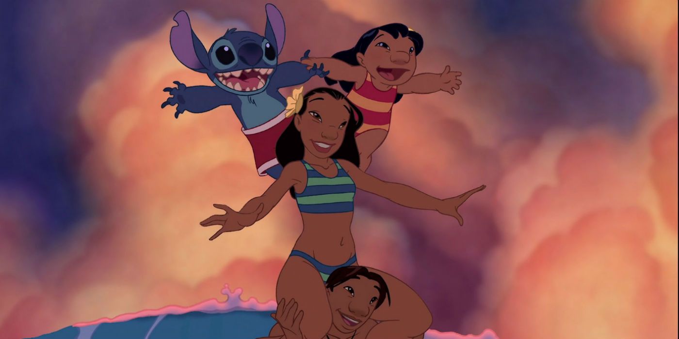 Surfing with Lilo and Stitch on Nani's shoulders