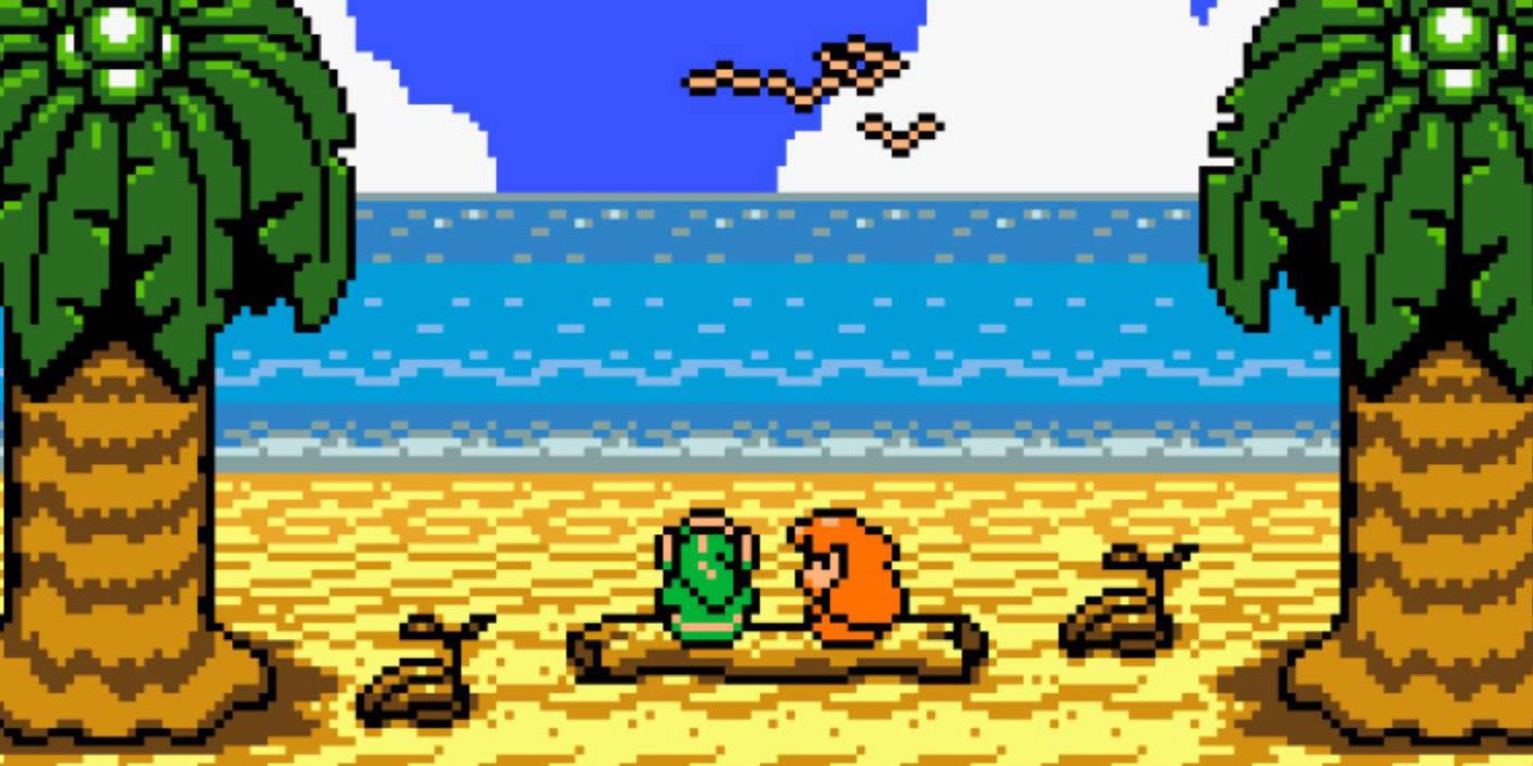 Link and Marin sitting on a piece of driftwood on a beach in Link's Awakening.