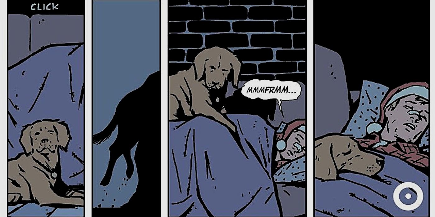 Lucky Pizza Dog gets into Hawkeye's bed in the comics