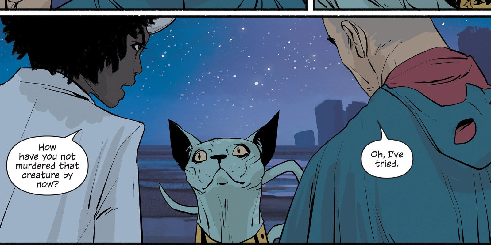 Lying Cat from Saga looking at two characters