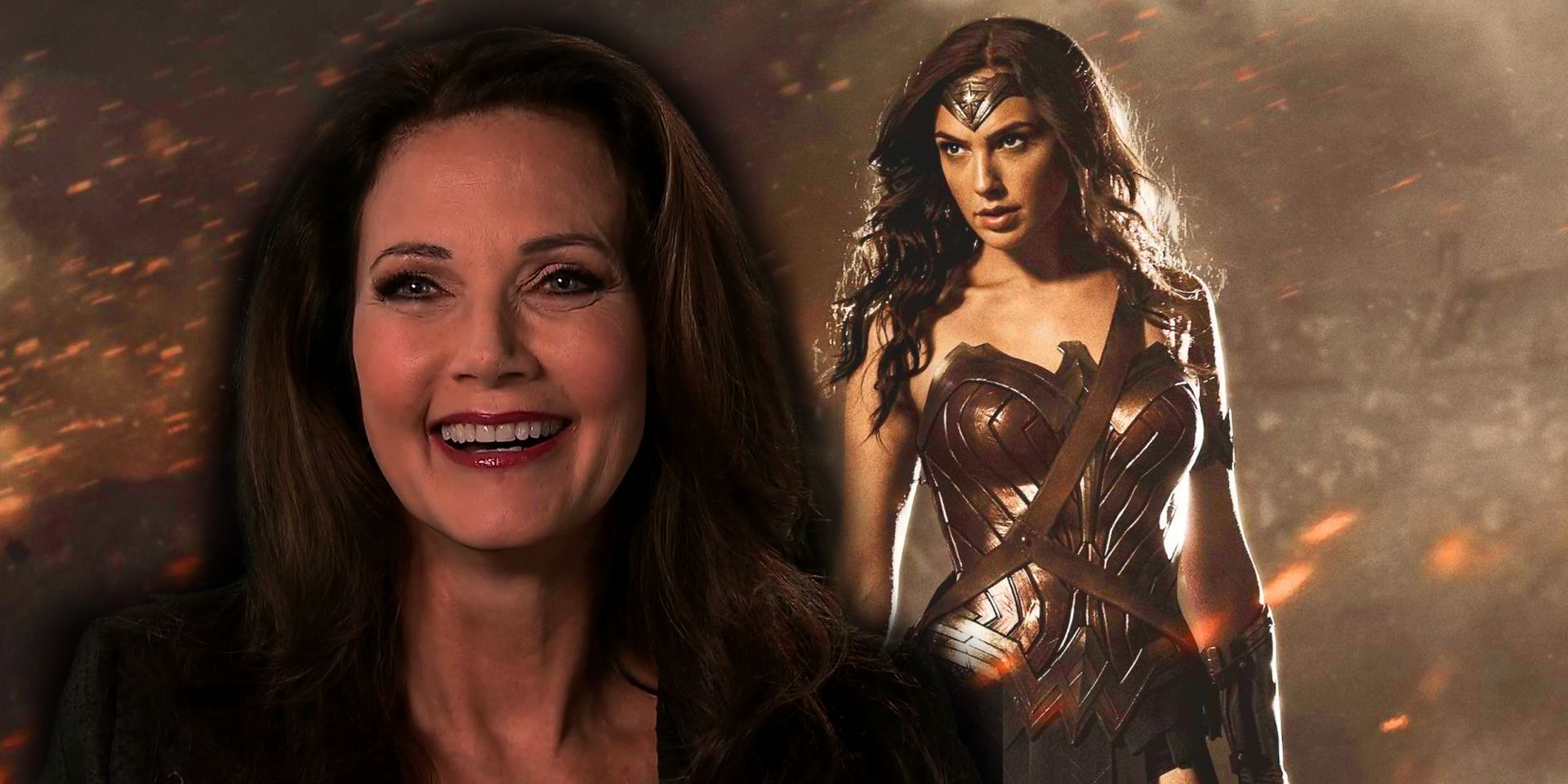 Lynda Carter headshot superimposed over an image of Gal Gadot as Wonder Woman