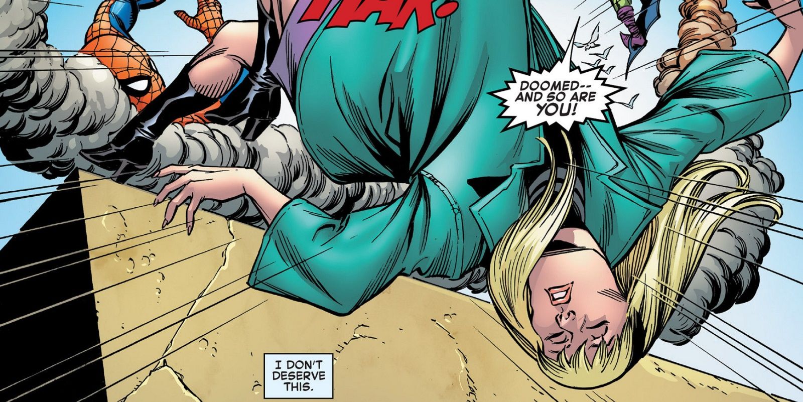 An image of Spider-Man trying to reach Gwen Stacy in the comics