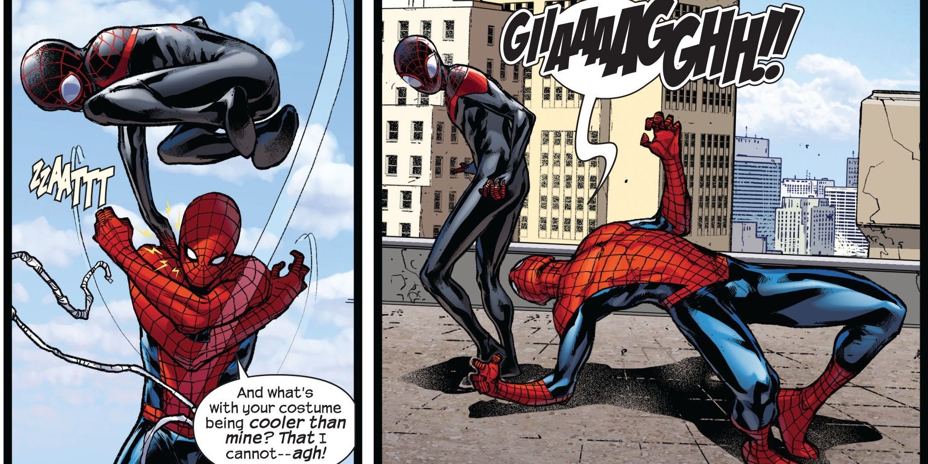Miles Morales fights Peter Parker in the Spider-Men comics