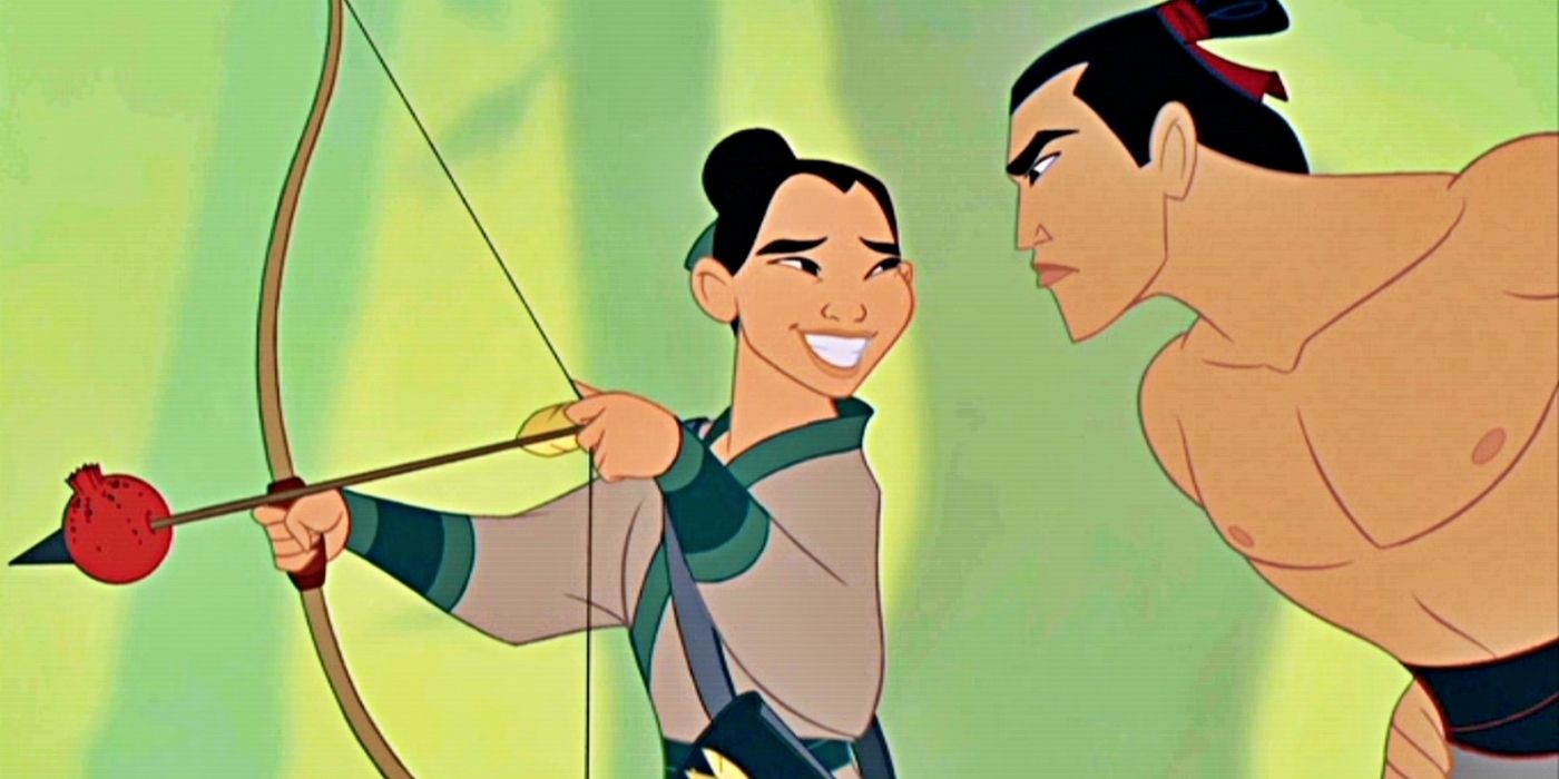 Mulan holding a bow and arrow smiling suspiciously at Shang
