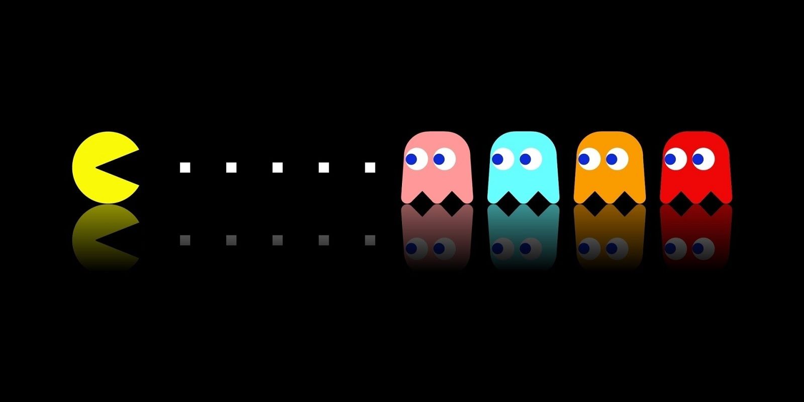 Pacman faces off against the four ghosts in Pac-Man.