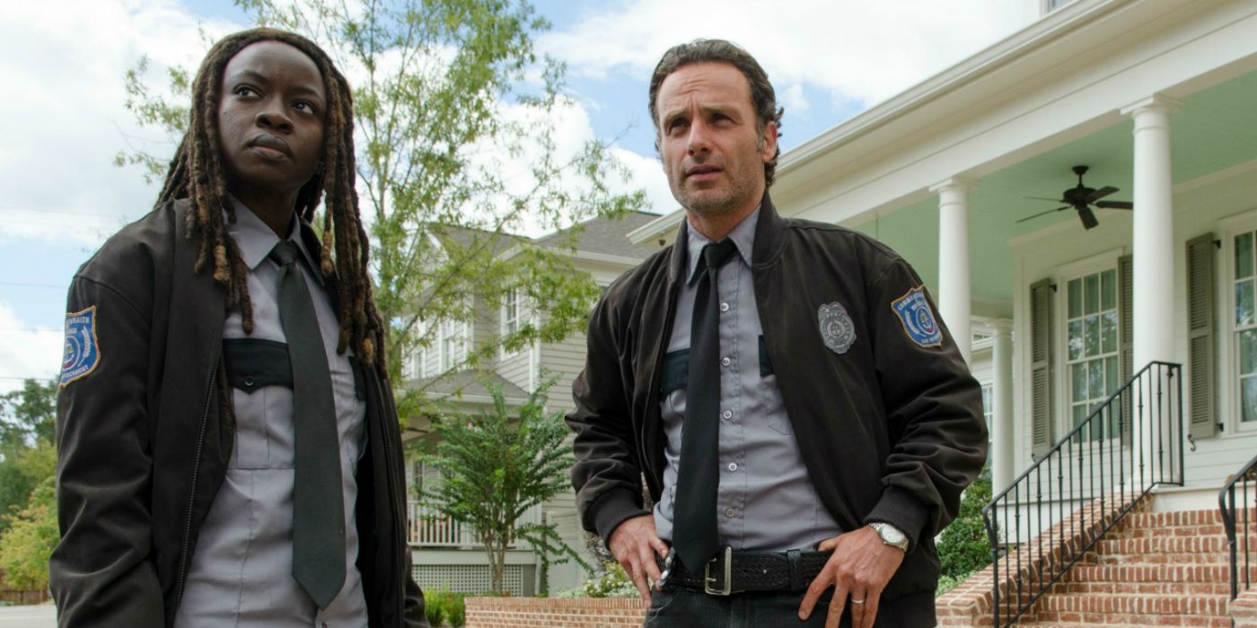 Rick and Michonne as cops in Alexandria in The Walking Dead