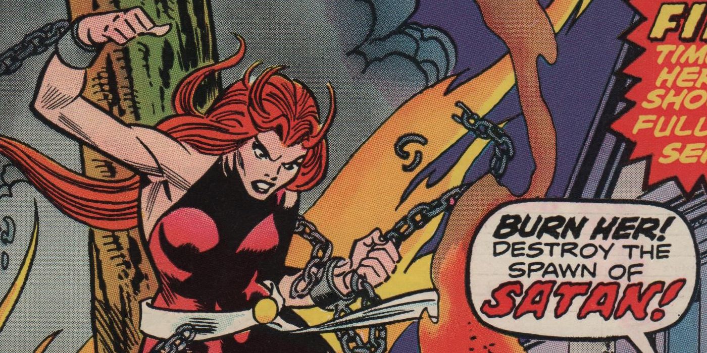 Satana in a red costume surrounded by fire in Marvel Comics