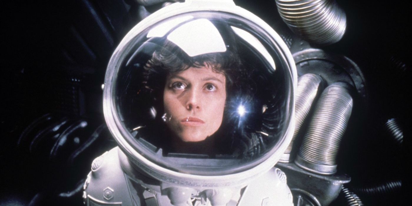 Ellen Ripley in an astronaut suit looking up in Alien 1979