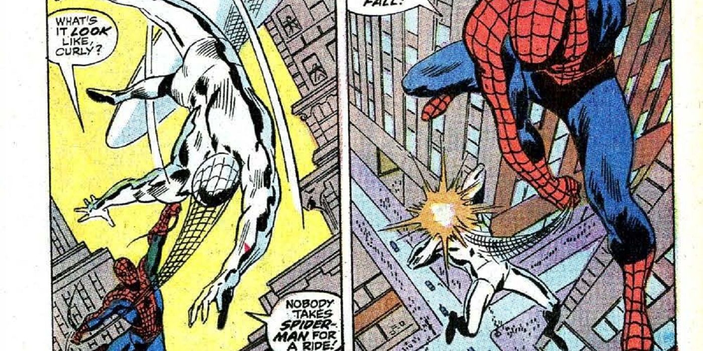 Silver Surfer and Spider-Man fight in a crossover comic