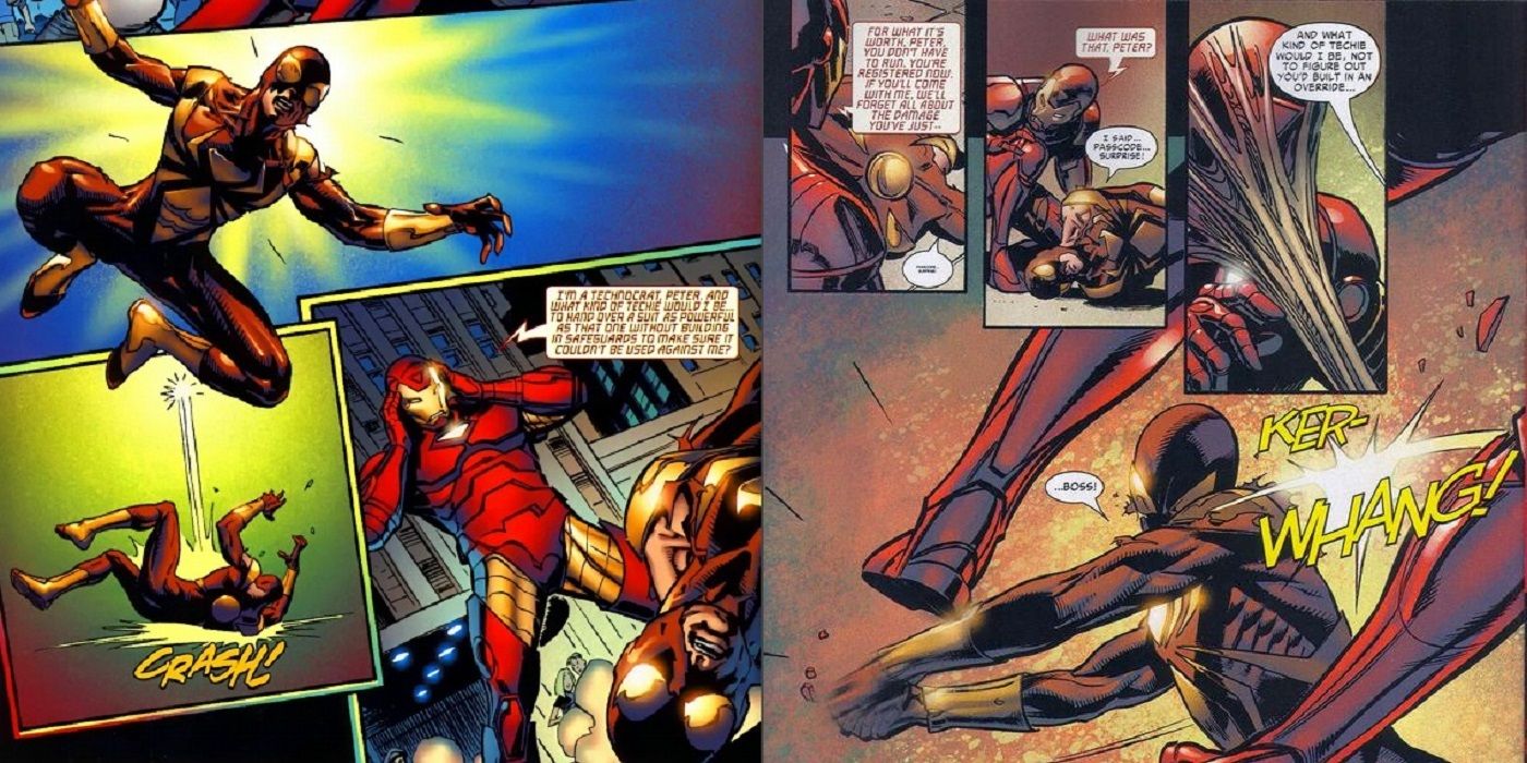 Spider-Man tricks Iron Man in a fight in the Civil War comic