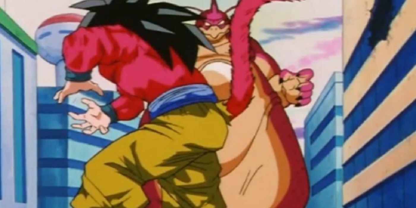 Super Saiyan 4 Goku and Pan attacks Rage Shenron in Dragon Ball GT