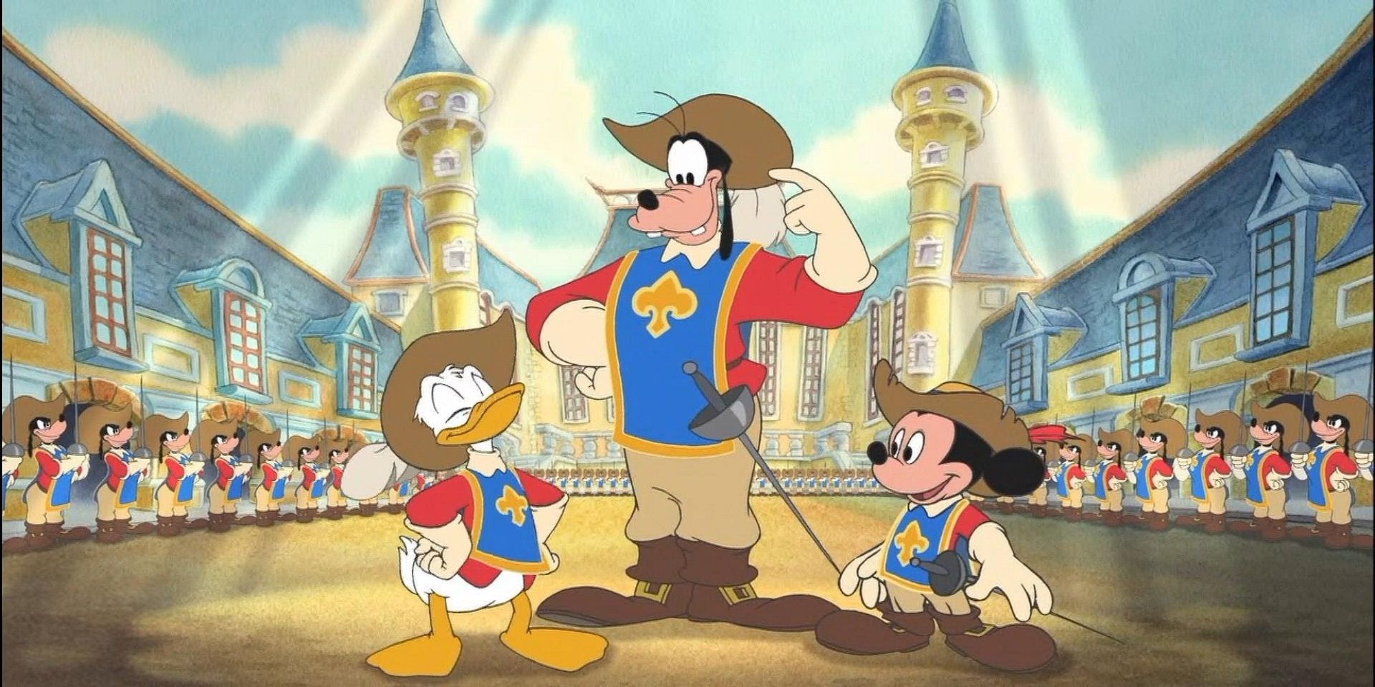 Mickey, Donald, and Goofy assume the roles of Musketeers in The Three Musketeers