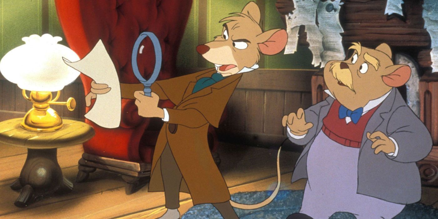 Two mice inspect clues in The Great Mouse Detective