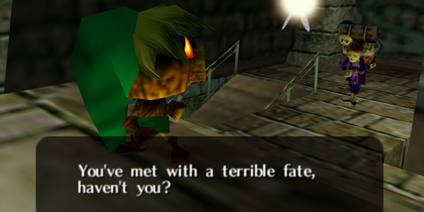 O feliz vendedor de máscaras fala com Link em Zelda