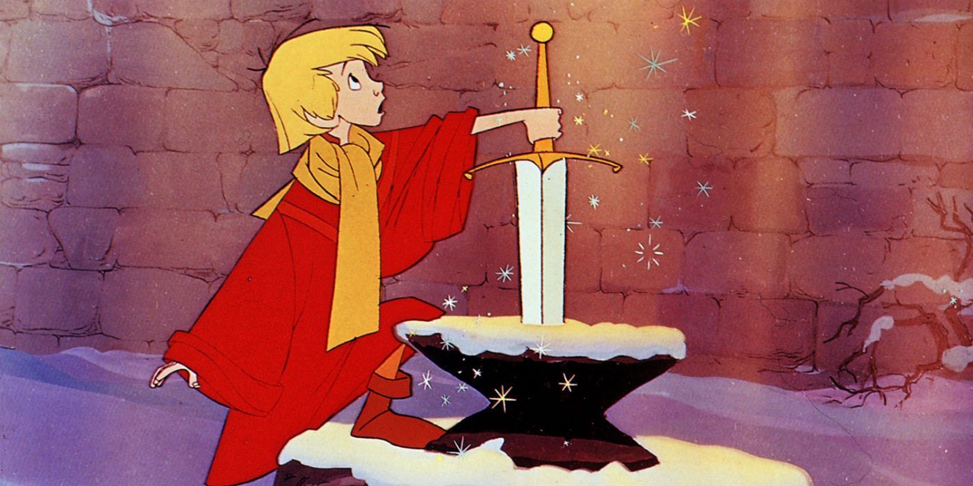 Arthur pulls the sword out of the stone in The Sword in the Stone