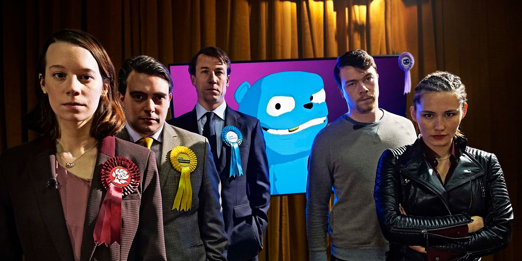 Black Mirror The Waldo Moment l-r: Gwendolyn (Chloe Pirrie), Simon Finch (Louis Waymouth), Liam Monroe (Tobias Menzies), Jamie (Daniel Rigby) and Tamsin (Christina Chong)