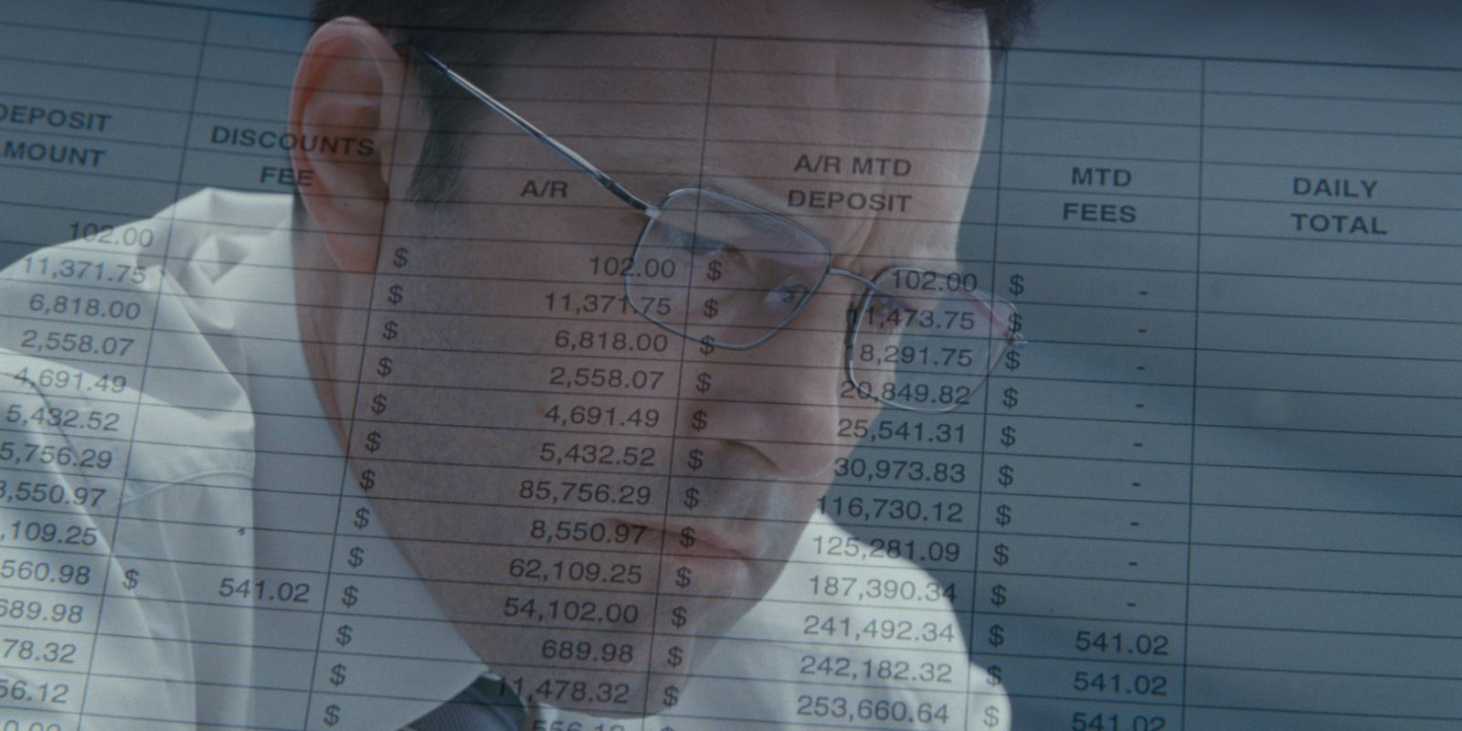 A transparent image of Ben Affleck wearing glasses from The Accountant over a document with money totals