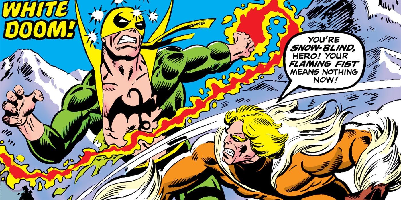 Sabretooth fights Iron Fist in Marvel Comics.