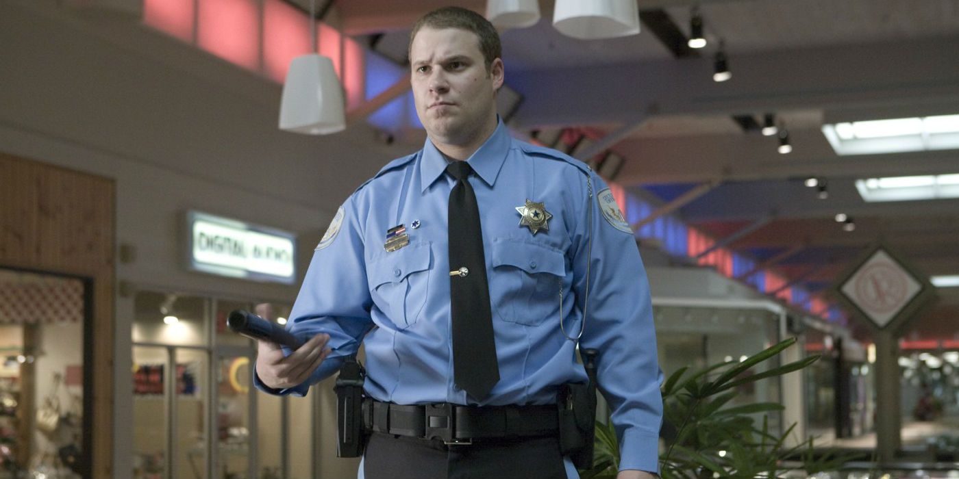 A Mall Cop marches through the mall in Observe and Report