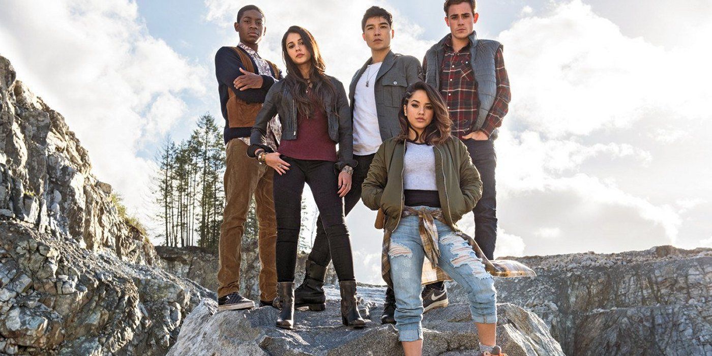The Power Rangers cast, starring Dacre Montgomery as Jason Lee Scott, Naomi Scott as Kimberly Hart, RJ Cyler as Billy Cranston, Becky G as Trini Kwan, the Yellow Ranger, and Ludi Lin as Zack Taylor, the Black Ranger.