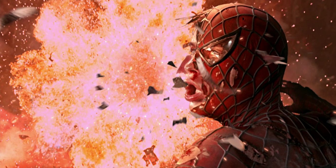 A bomb explodes in Spider-Man's face in Spider-Man (2002)