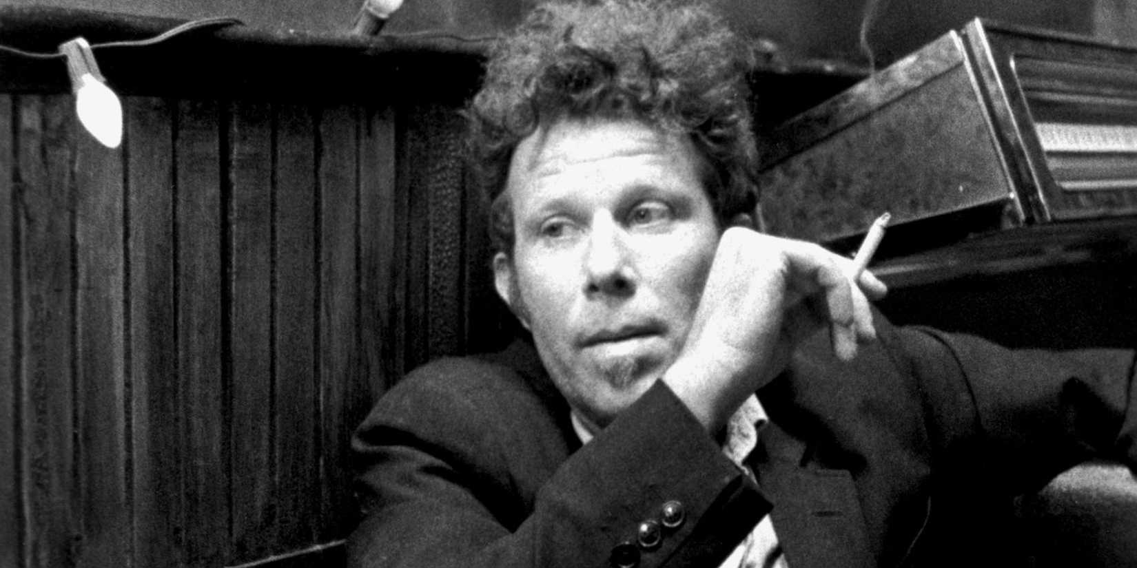 A close-up black and white still of Tom Waits in Down by Law