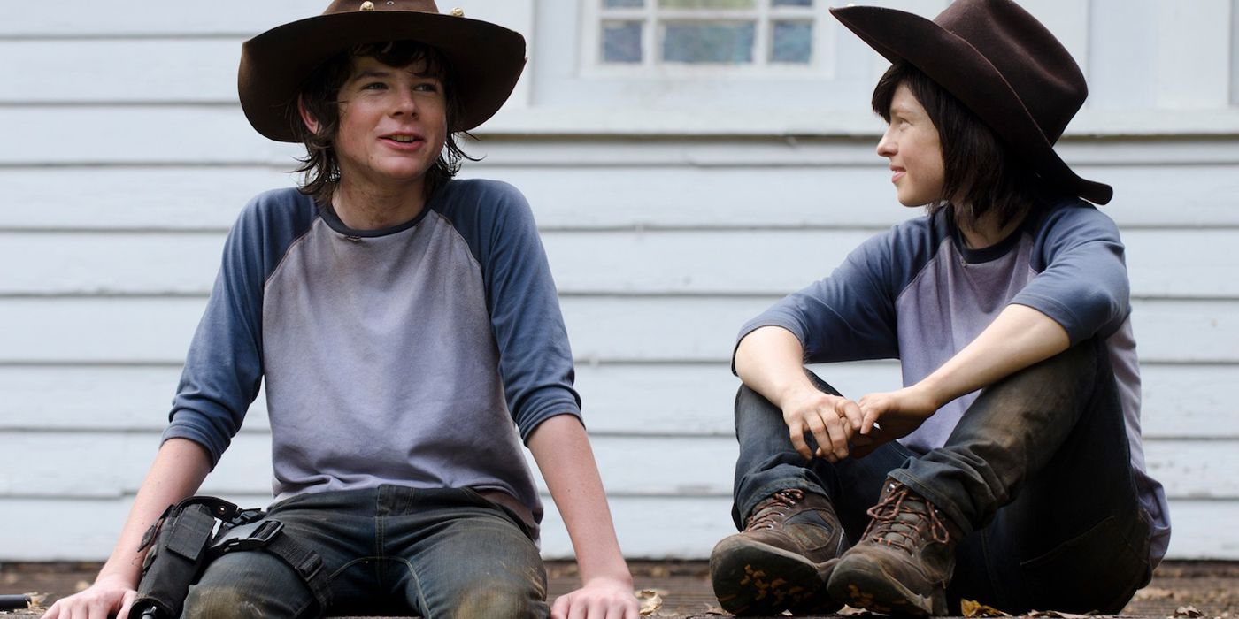 Chandler Riggs and his stunt double play Carol on The Walking Dead