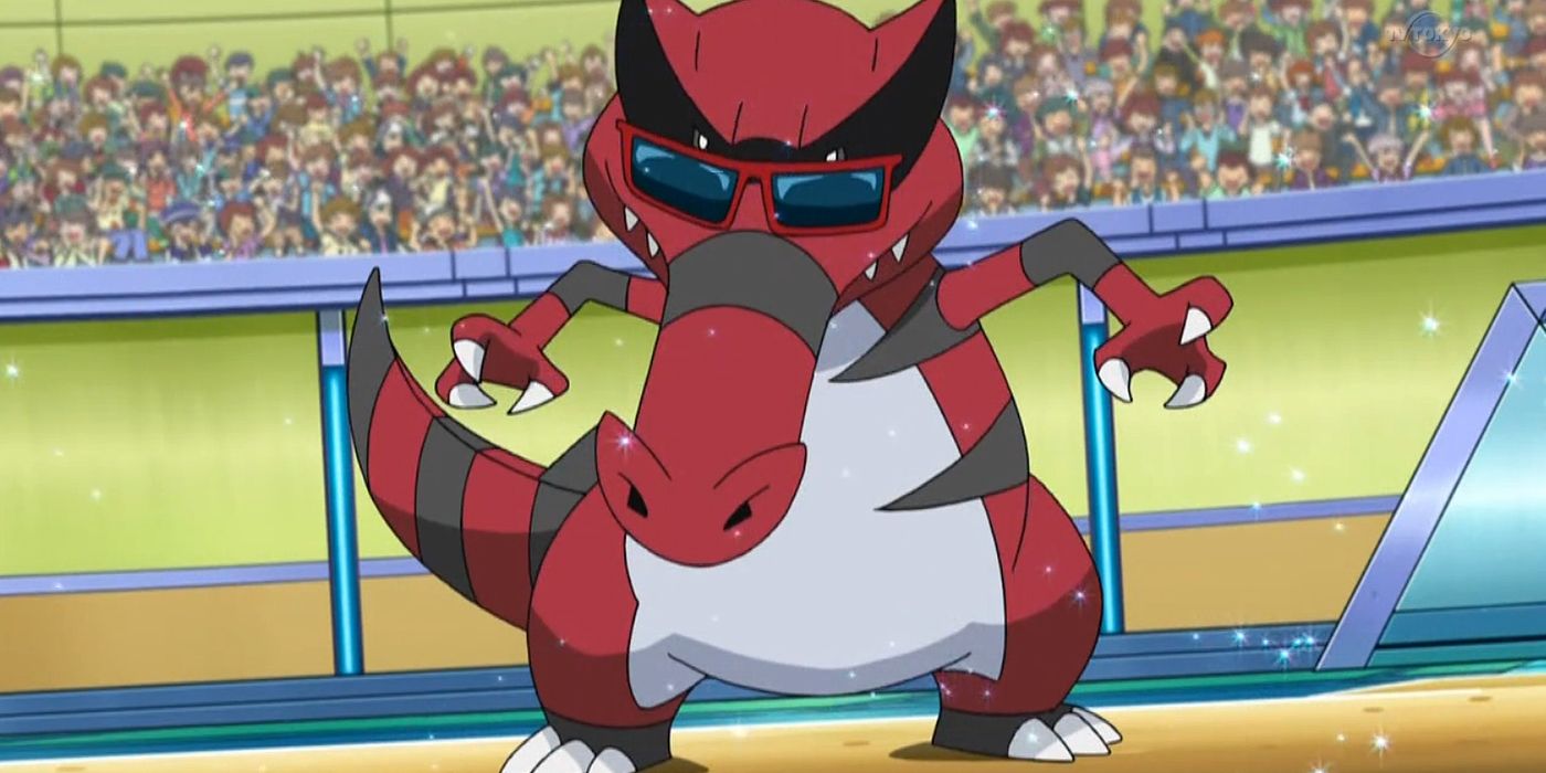 Ash's Krookodile wearing shades in battle in the Pokémon anime