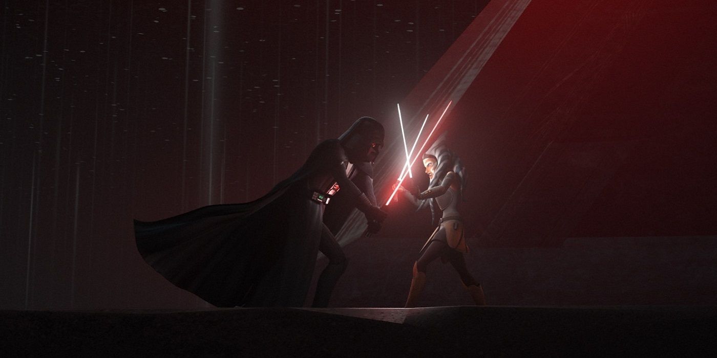 Ahsoka Tano fighting Darth Vader on Malachor in Star Wars Rebels