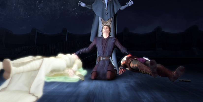 Anakin holding his hands up kneeling between The Daughter and Ahsoka who are both lying suspended in the air