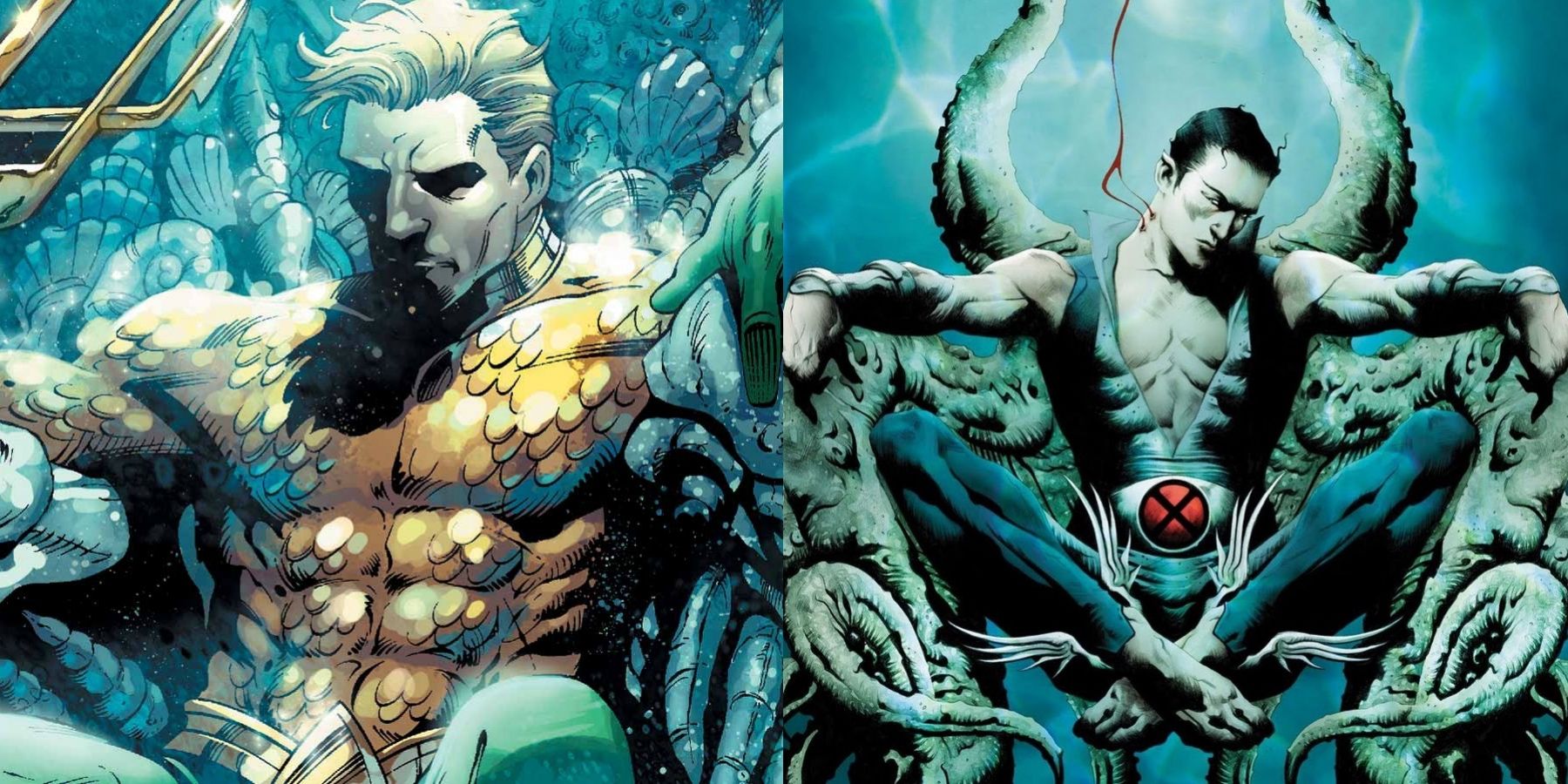 Aquaman and Namor sitting on throne from comic books