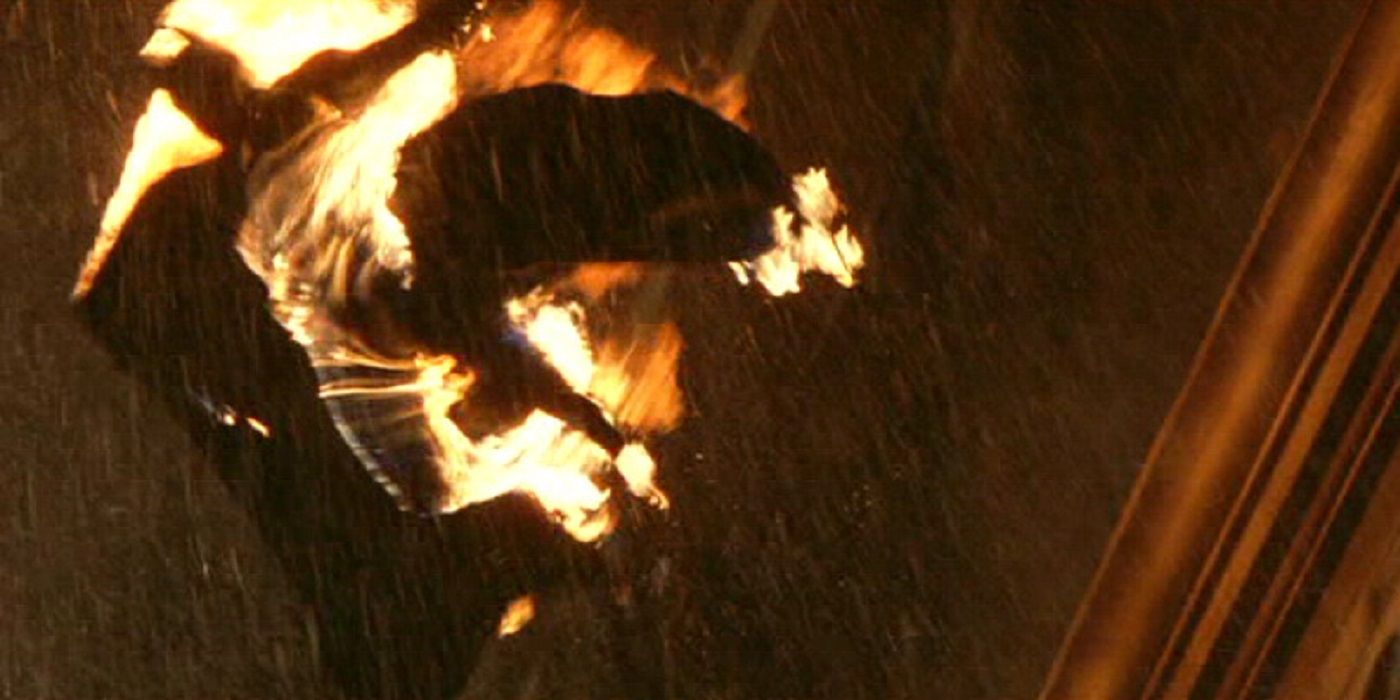 Batman Begins, Scarecrow lights Batman on fire
