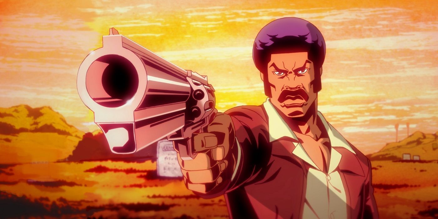 Black Dynamite apontando uma arma em um still da série animada Black Dynamite