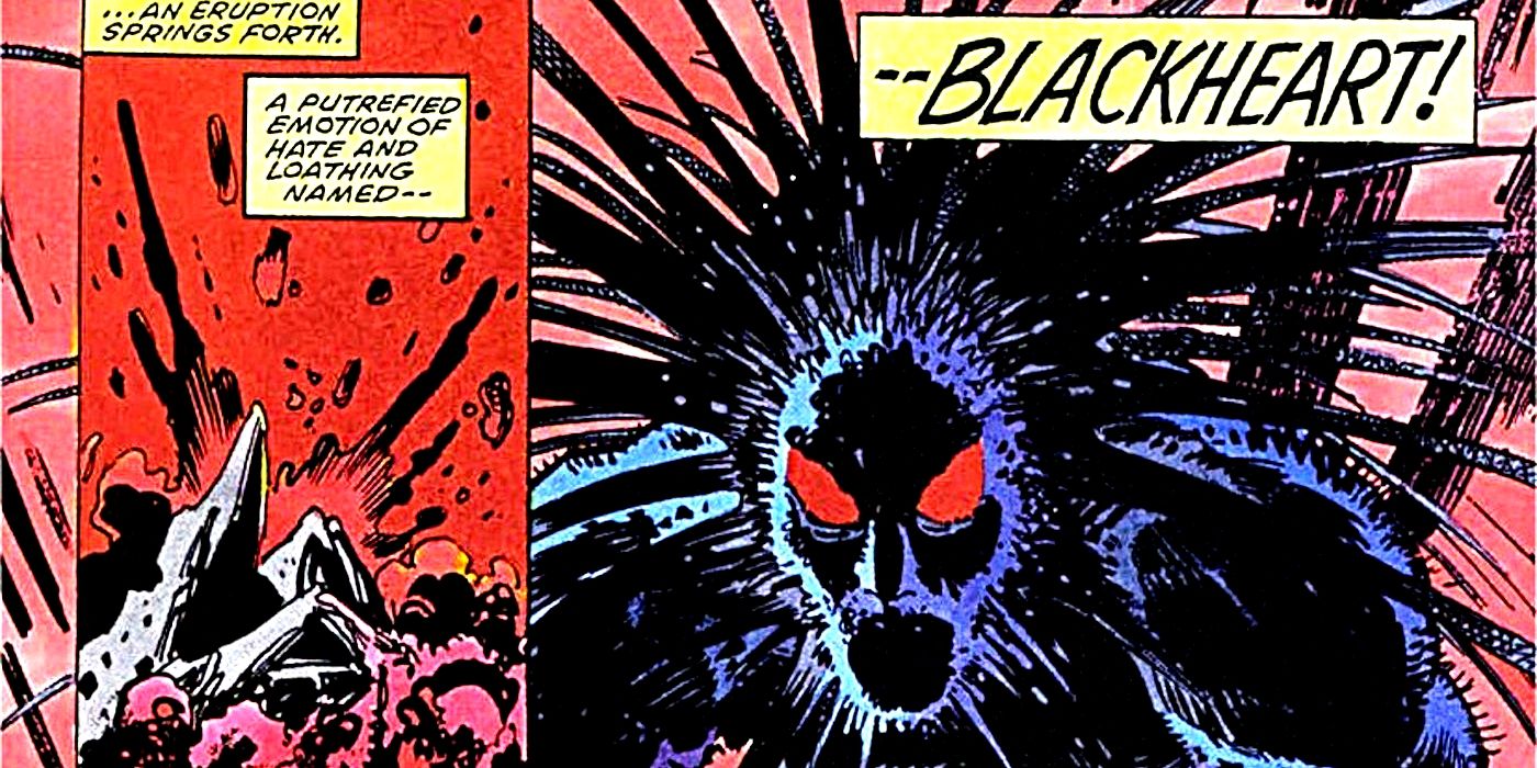 Blackheart is summoned in a panel from the comics with glowing red eyes.