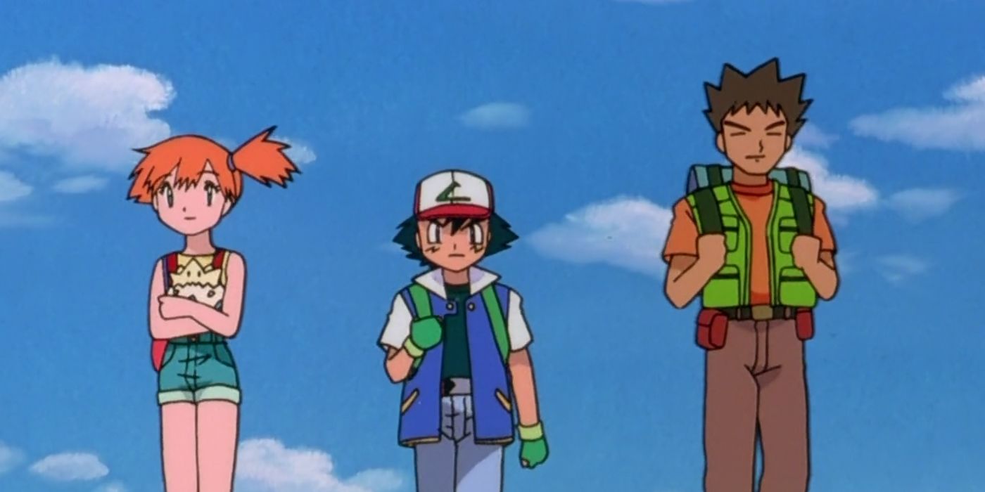 Brock, Ash, dan Misty berjalan di anime Pokemon